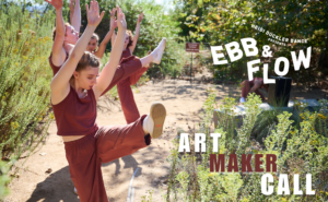 Dancers in a line on a park pathway. Image text reads "Heidi Duckler Dance presents: Ebb & Flow: Art Maker Call"